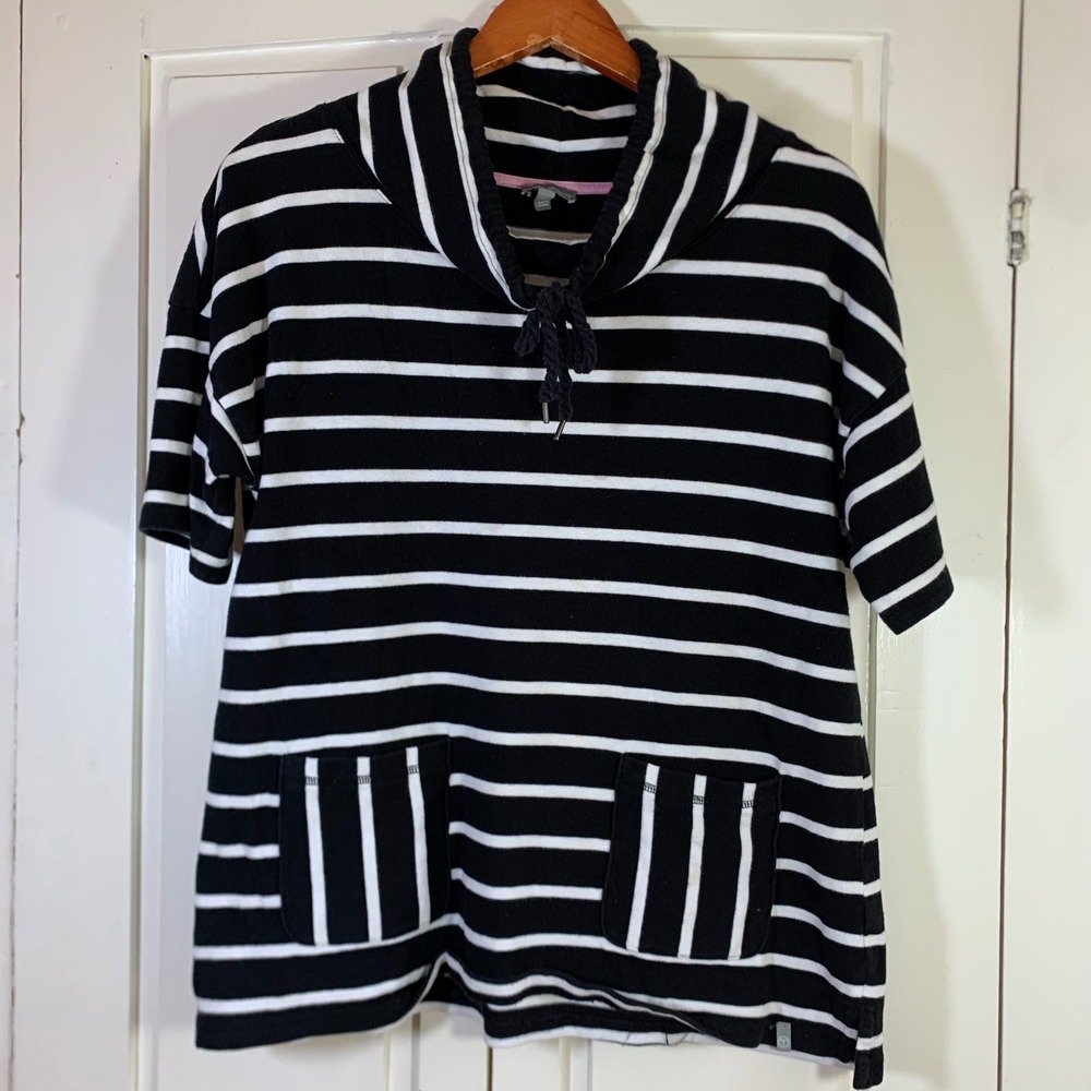 T by Talbots Womens Black White Striped Cowl Neck Short Sleeve Sweatshirt M